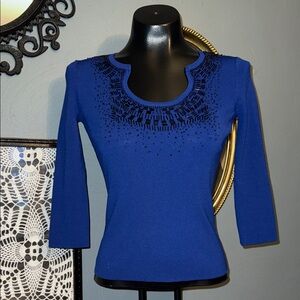 Cable & Gauge Royal Blue Embellished Scoop Neck Top 3/4 sleeves